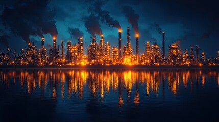 Obraz premium Night Refinery Complex by the Water