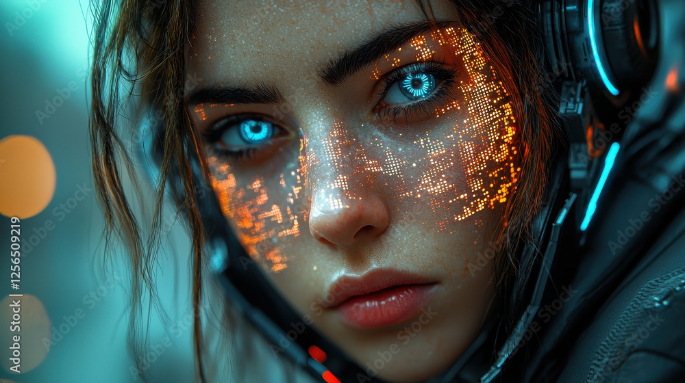 Poster futuristic cybernetic humanoid with half-covered face in a digital world featuring realistic texture