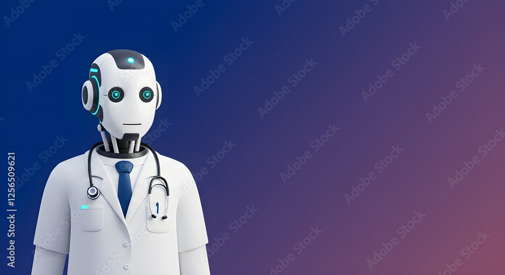 Aufkleber medical robot in white coat and blue tie with stethoscope on gradient background with copy space. ar