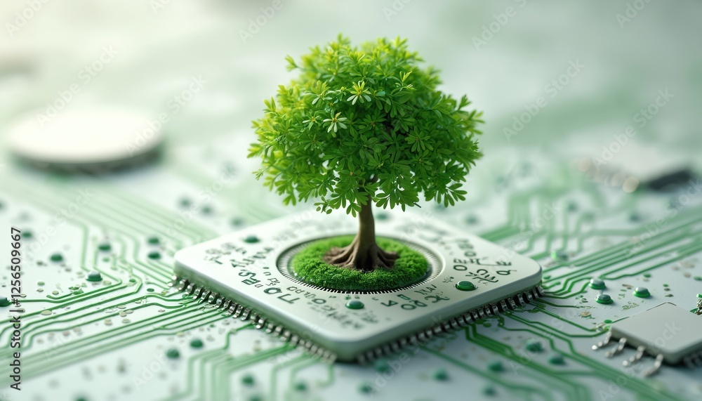 Aufkleber green tree grows from microchip, symbol of tech eco integration. circuit board background. digital n