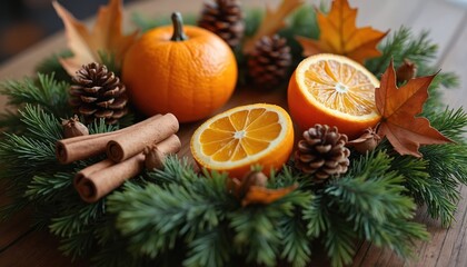 Cozy autumn wreath with pine branches, sliced oranges, cinnamon sticks, dry leaves, pine cones. Fall decoration, natural aromatic display. Warm, earthy, fragrant farmhouse inviting seasonal
