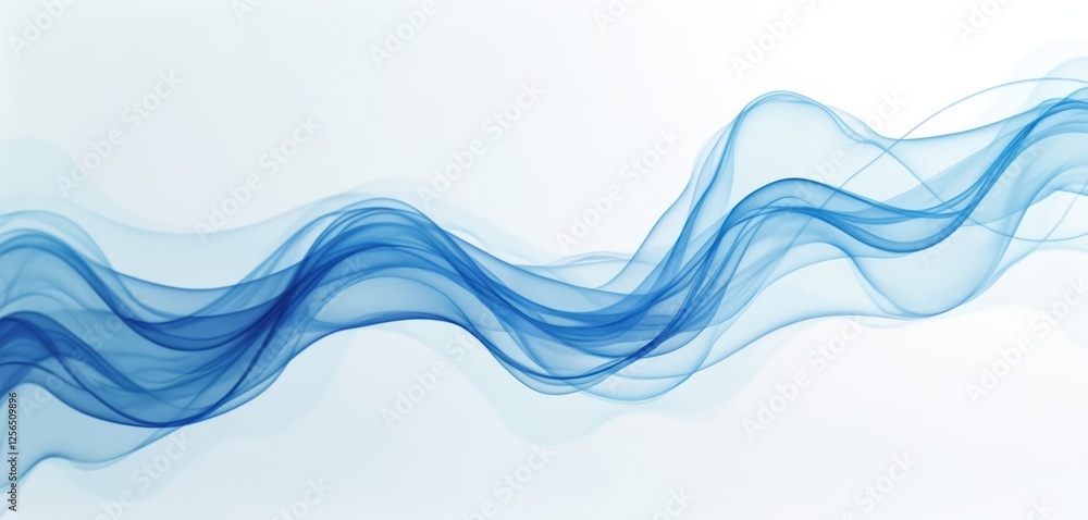 Poster digital abstract illustration features flowing blue shapes on white gradient background. modern flui