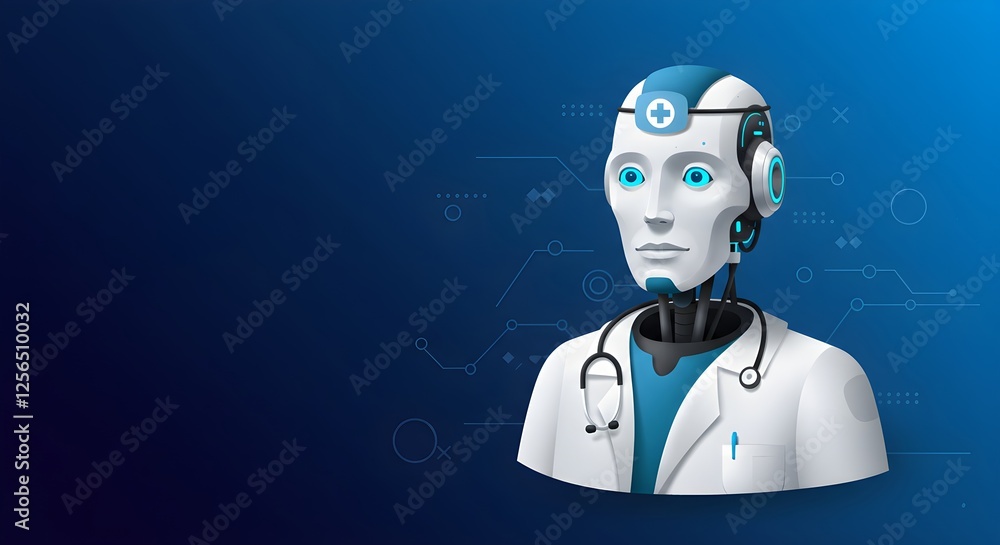 Poster robot medical assistant with stethoscope and white coat on blue background with digital elements. ar