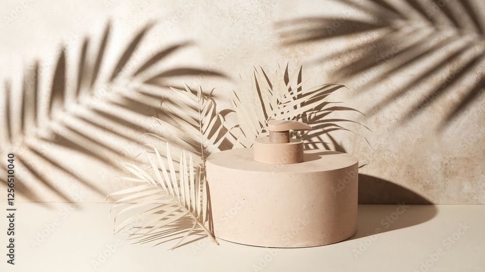 Poster Minimalist product display setup with neutral tones and soft shadows, showcasing a skincare jar on a round pedestal, ideal for beauty or cosmetic presentations.
