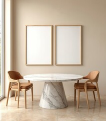 Beige dining room interior with marble table, wooden chairs, stone floor. Mock up empty 2 picture frames on wall. Classic design, natural light. Modern dinning furniture and decoration for home.
