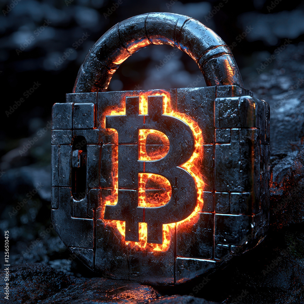 Aufkleber digital lock featuring a glowing bitcoin symbol, representing security in cryptocurrency transaction