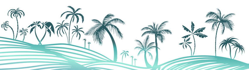 Hello summer . Blue palm trees horizontal background. Not AI, Vector illustration.