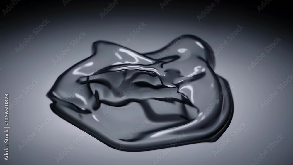 Poster black amorphous blob dynamically morphing, smoothly transforming across metallic gradient background