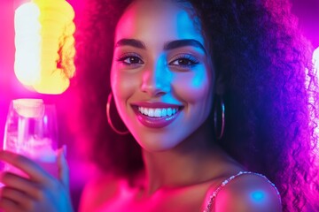 Fototapeta premium Smiling young african female enjoying nightlife with vibrant lights and drink