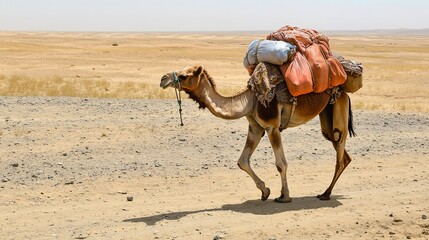 A lone camel carrying heavy loads across the arid desert landscape under a bright sun.