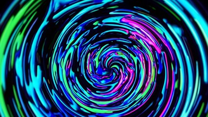 Vibrant neon light generating mesmerizing vortex, pulsating with dynamic energy against dark backdrop, swirling in hypnotic circular motion