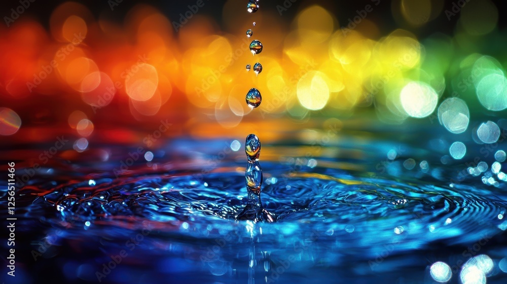 Poster a close-up of water droplets creating ripples against a colorful bokeh background.