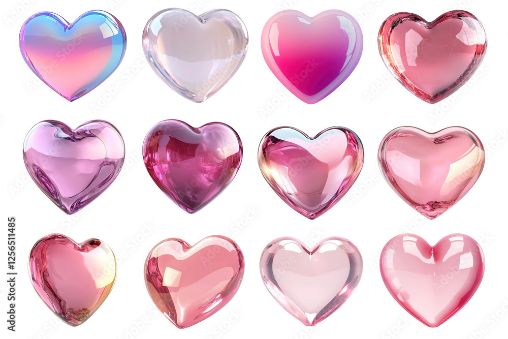 Poster png colorful glossy heart shapes, element set on transparent background