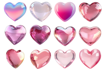 PNG Colorful glossy heart shapes, element set on transparent background