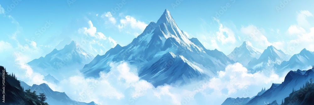 Poster Majestic mountain range under soft clouds and blue sky with space for text. Generative AI