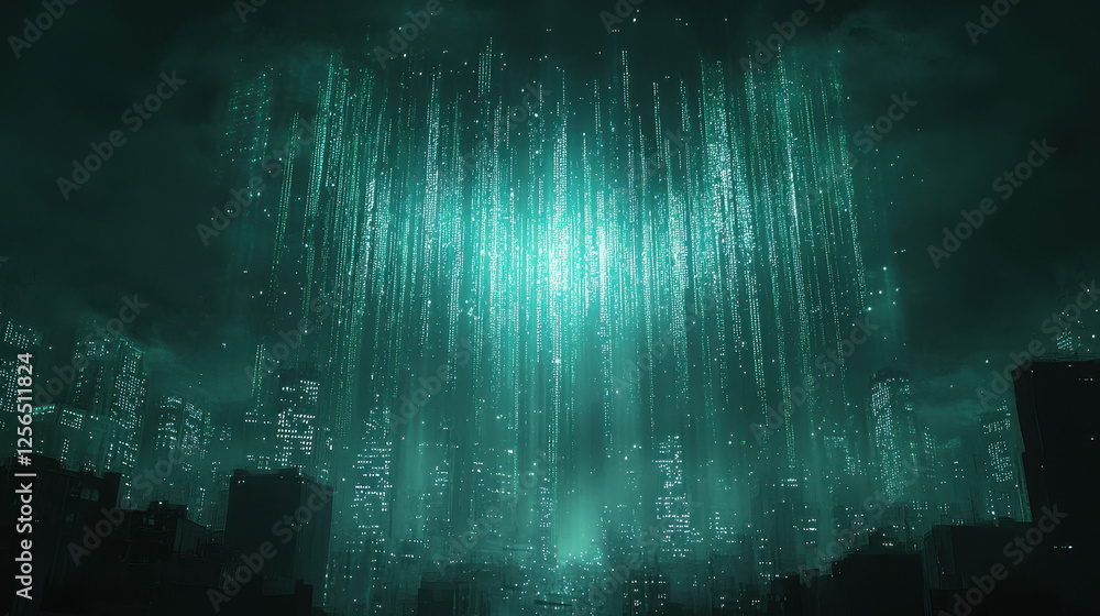 Poster futuristic city skyline with quantum-secured internet streams showcasing advanced encryption technol