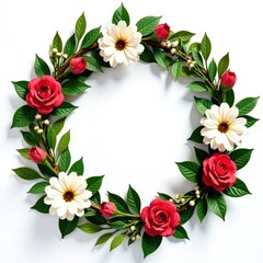 Fototapeta premium Floral wreath with greenery and flowers in a circular shape, flower crown, greenery