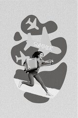 Vertical collage image of excited positive girl hands hold suitcase running painted summer airplane isolated on painted background