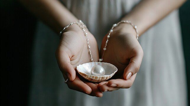   A woman in a white dress holds a seashell with a pearl-beaded bracelet on her wrist and a pearl necklace on the other