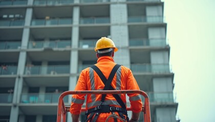 Construction worker in orange safety gear stands on lift looking at highrise building. Man in hard hat, safety harness inspects construction site. Civil engineer oversees building process. Industrial