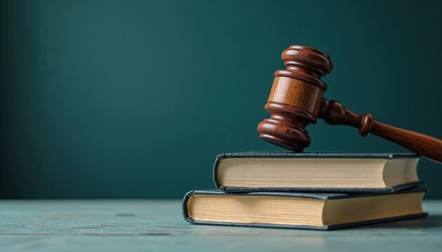 Gavel rests atop law books against teal backdrop. Justice, legal profession, judicial system, courtroom proceedings. Represents authority, order, importance of legal knowledge, jurisprudence.
