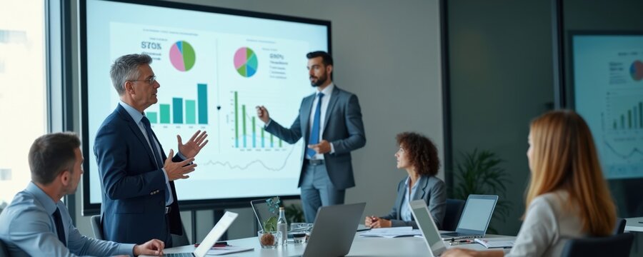 Corporate CEO delivers ESG risk management presentation to shareholders, modern business setting. Two story building. Board meeting, shareholder engagement. Investment strategy. Environmental Social