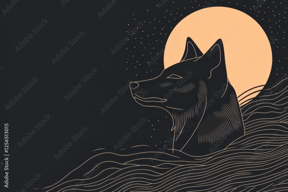 Poster minimalist wolf silhouette under a full moon with space for text. generative ai