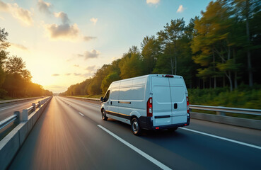 Obraz premium White delivery van drives highway at sunset with green trees. Transport truck vehicle automobile logistic service carrying cargo along highway. Fast modern distribution express shipment industry
