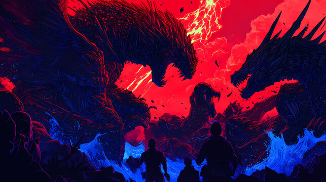 Giant biomechanical kaiju invasion, epic scene, anime, cell shaded, crisp bold lines, red lighting, blue shadows. Biomechanical Dragons. Illustration