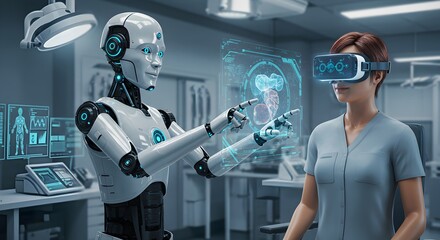 Woman in virtual reality headset interacting with humanoid robot in futuristic medical lab. Digital healthcare consultation with ai assistant. Medical technology innovation