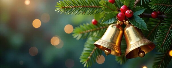 Hanging gold bells with festive holly, leaves, gift