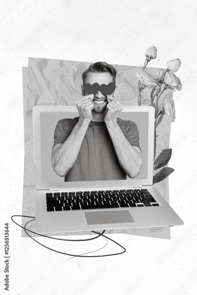 Aufkleber creative retro 3d magazine collage image of funny guy enjoying 14 february ordering presents isolate