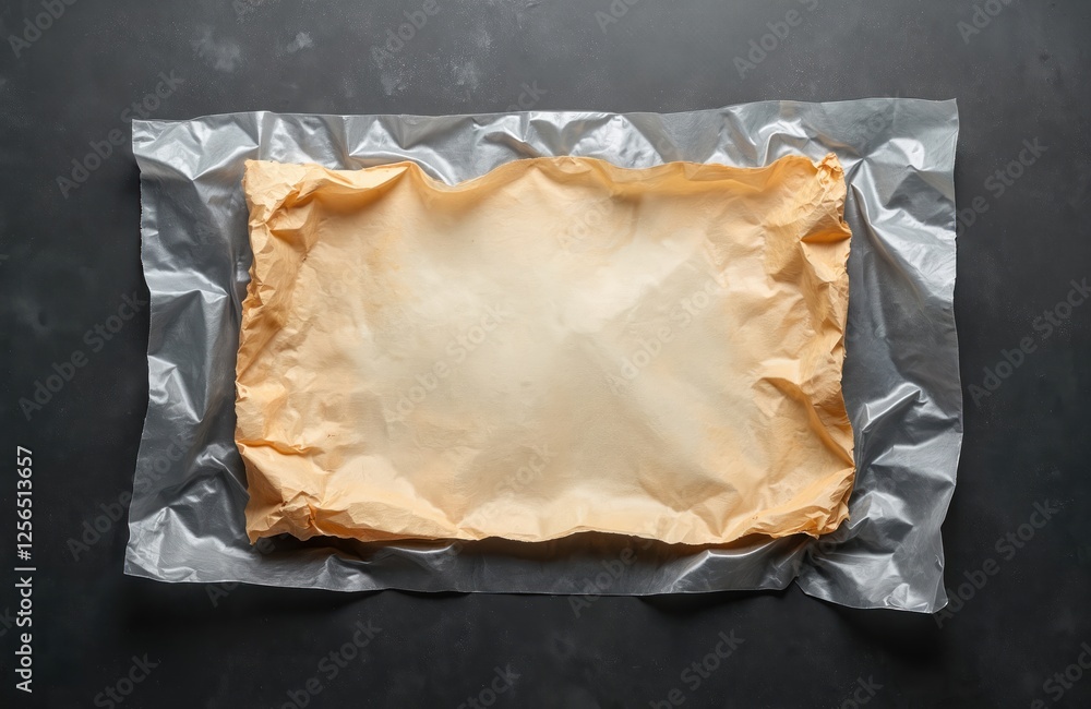 Poster grungy blank paper lies against plastic wrapper on dark background with overlay texture. crumpled bl