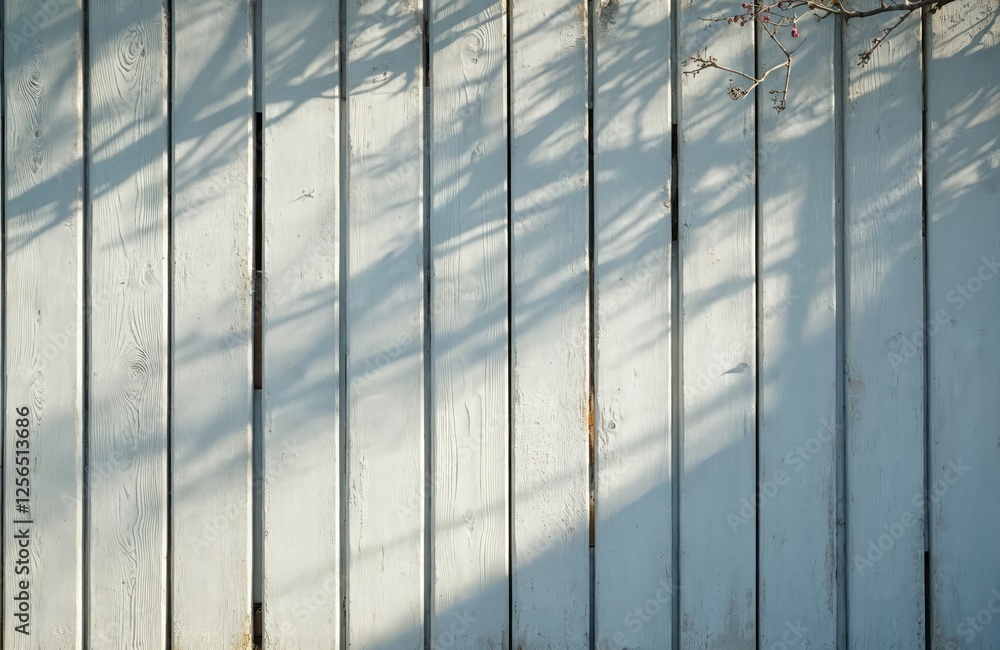 Poster wooden fence with peeling white paint in sunlight. old painted wood planks backdrop shows rustic tex