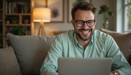 Fototapeta premium Happy adult man in glasses works on laptop at home. Caucasian guy freelancer smiles, sits on sofa in casual attire. Successful businessman works from home. Online job, e-business, connection,