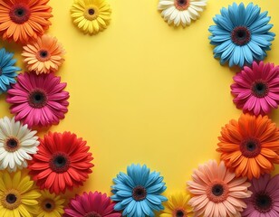 Fototapeta premium Gerbera daisies in many colors border yellow backdrop. Multicolored hues tones mix. Frame design with diverse assortment. Floral illustration is perfect for spring, summer themes cards, decoration.
