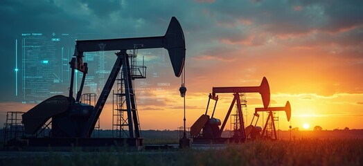 Silhouettes of oil pumps against sunset, digital data overlay. Industrial landscape extraction of natural resources like crude oil, machinery, equipment on oilfield. Graph, visualization of