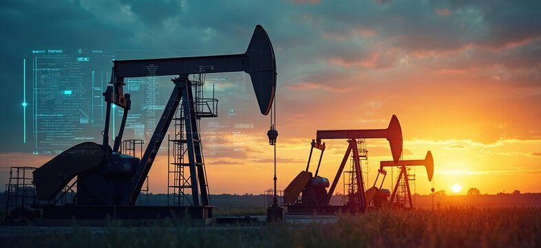 Silhouettes of oil pumps against sunset, digital data overlay. Industrial landscape extraction of natural resources like crude oil, machinery, equipment on oilfield. Graph, visualization of