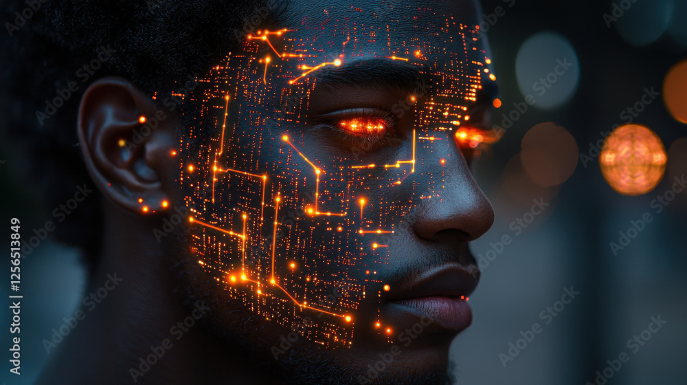 Poster fusion of humanity and machine learning depicted in a hyper-realistic portrait featuring glowing ai 
