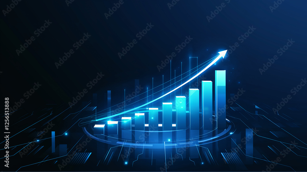 Poster A futuristic financial growth chart with 3D bar graph and upward arrow symbolizing progress, business success, and market expansion in a digital world.