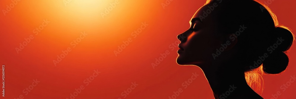 Poster Silhouette of a model at sunset with glowing light in a minimalist setting with space for text. Generative AI