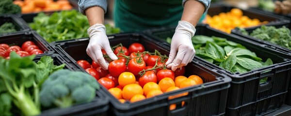 Employee in gloves inspects tomatoes for freshness. Food safety practices at grocery store, supermarket. Quality control of delivered produce. Employee checks food contamination signs. Healthy