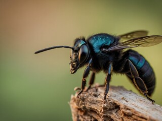 Vibrant Close Up of a Colorful Honey Bee Pollinating Flowers in a Garden Setting