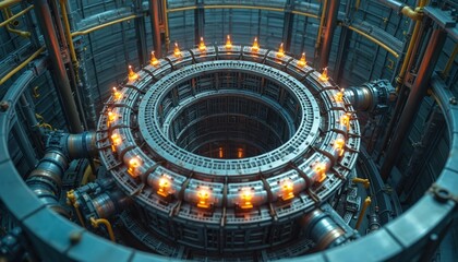 Obraz premium Close-up illustration of nuclear reactor internals with dome, control rods. Complex piping, cooling systems, safety equipment at power plant. Sustainable energy concept, nuclear fusion research,