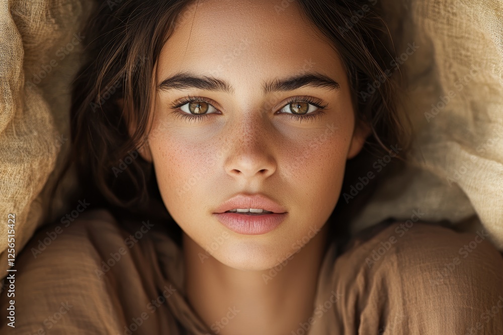 Wall mural Close-up portrait of young caucasian female with freckles and intense gaze