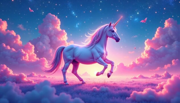 Pastel unicorn prances under starry sky, fantasy, magical