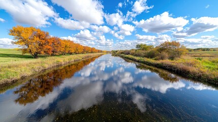 Fototapeta premium Autumnal canal reflection, prairie landscape, idyllic scenery, nature photography