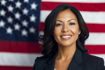 Confident hispanic female leader smiling in front of american flag