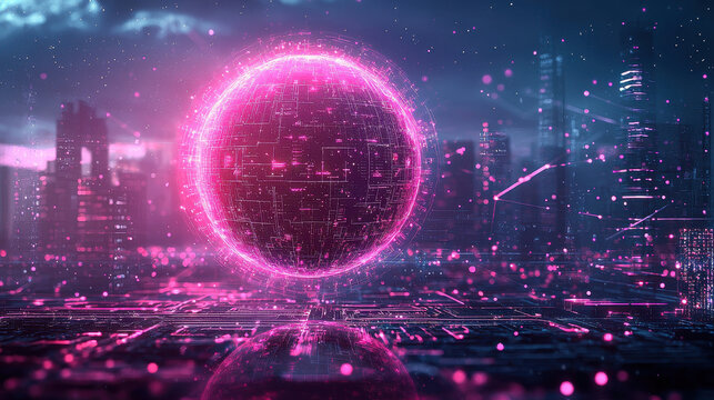 Floating sphere of entangled quantum circuits illuminated by glowing AI entity in a detailed cyberpunk environment