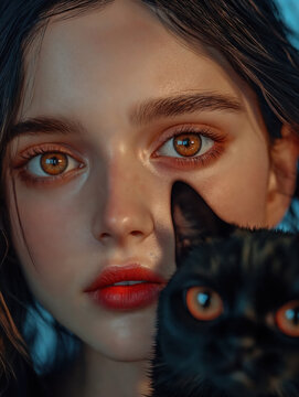 Portrait of a Young Woman with a Black Cat